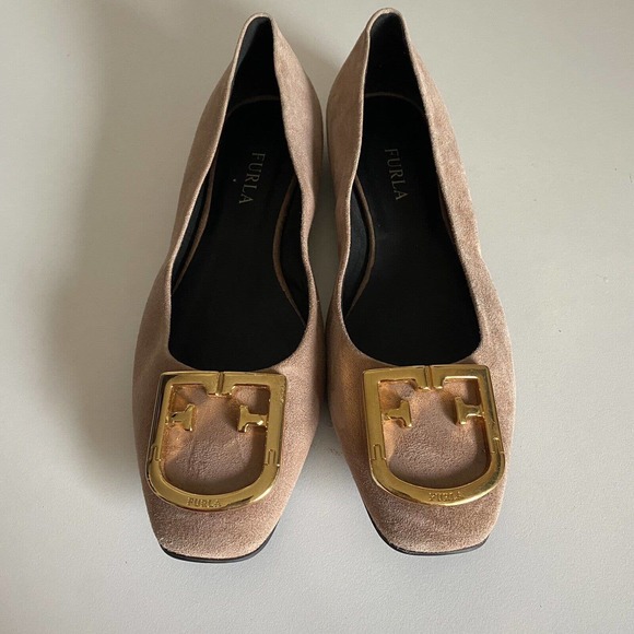 Furla Fantastica Ballet Flat Suede Gold Tone Logo Blush Pink Slip On 37 … - Picture 4 of 10